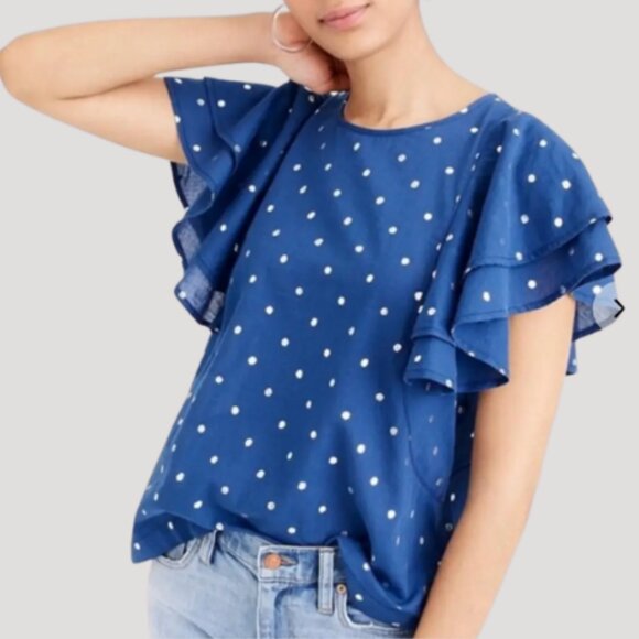 J. Crew Ruffle Flutter-sleeve Top in Metallic Polka Dot Indigo Silver Size S NWT - Picture 1 of 7